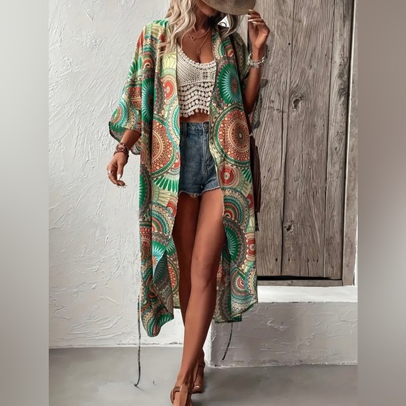 New Mandala Print Open Front Kimono Boho 3/4 Sleeve Cover Up Longline Swim Cover - Picture 4 of 10